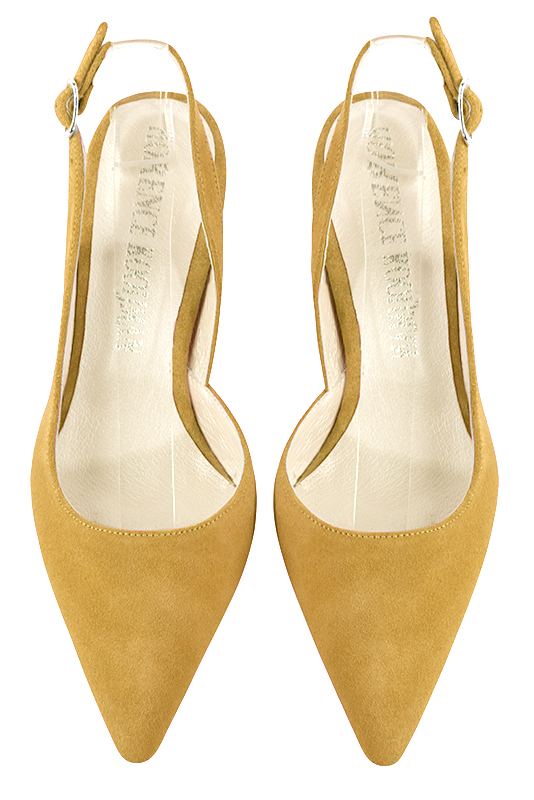 Mustard yellow women's slingback shoes. Pointed toe. Medium flare heels. Top view - Florence KOOIJMAN